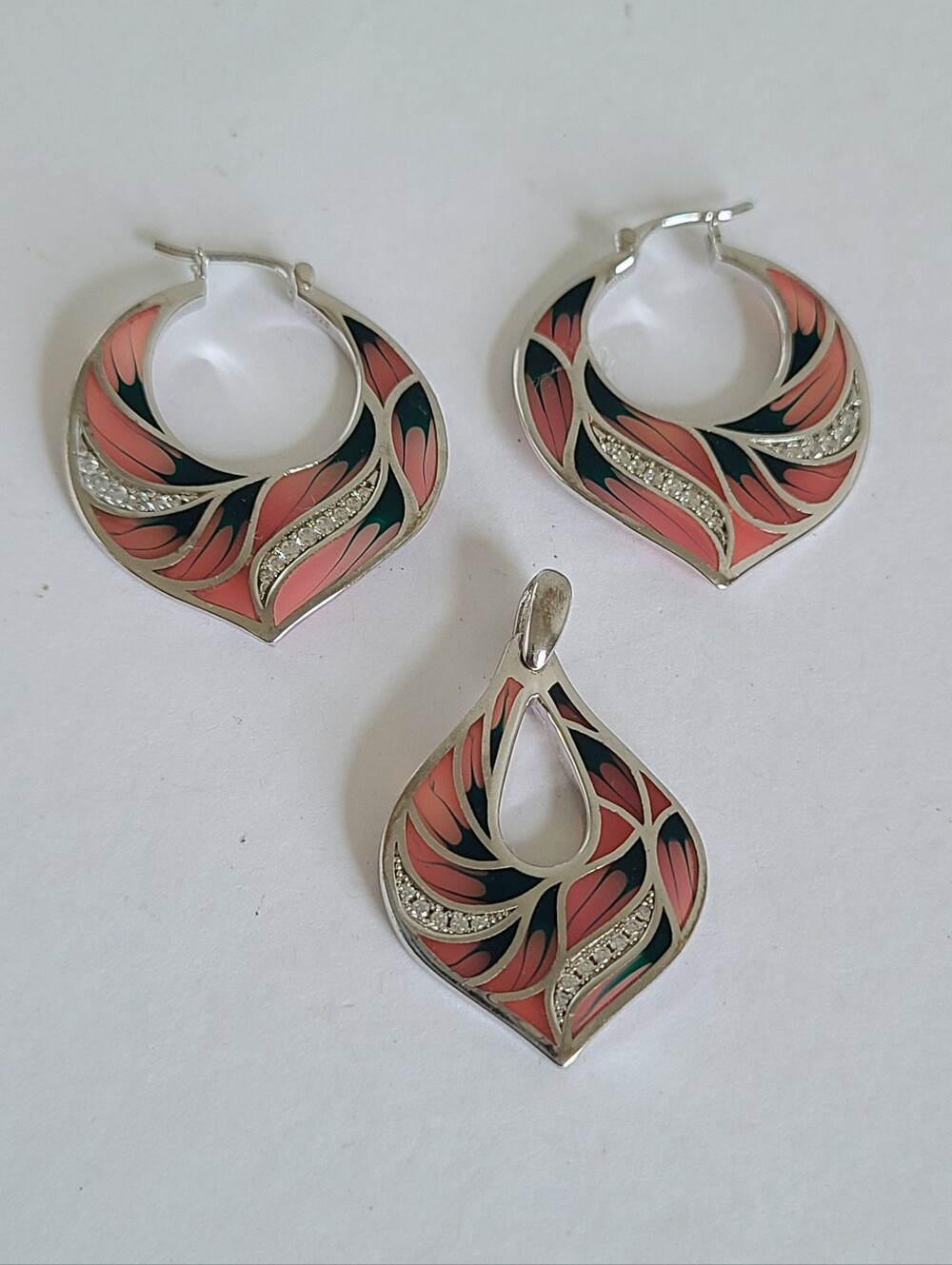 Sterling Silver Teardrop Pink Petal Floral Enamel Hoop Earrings and Pendant Set